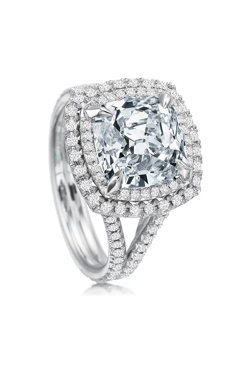 Precision Set Platinum Split Shank Double Halo Semi-Mount Diamond Ring