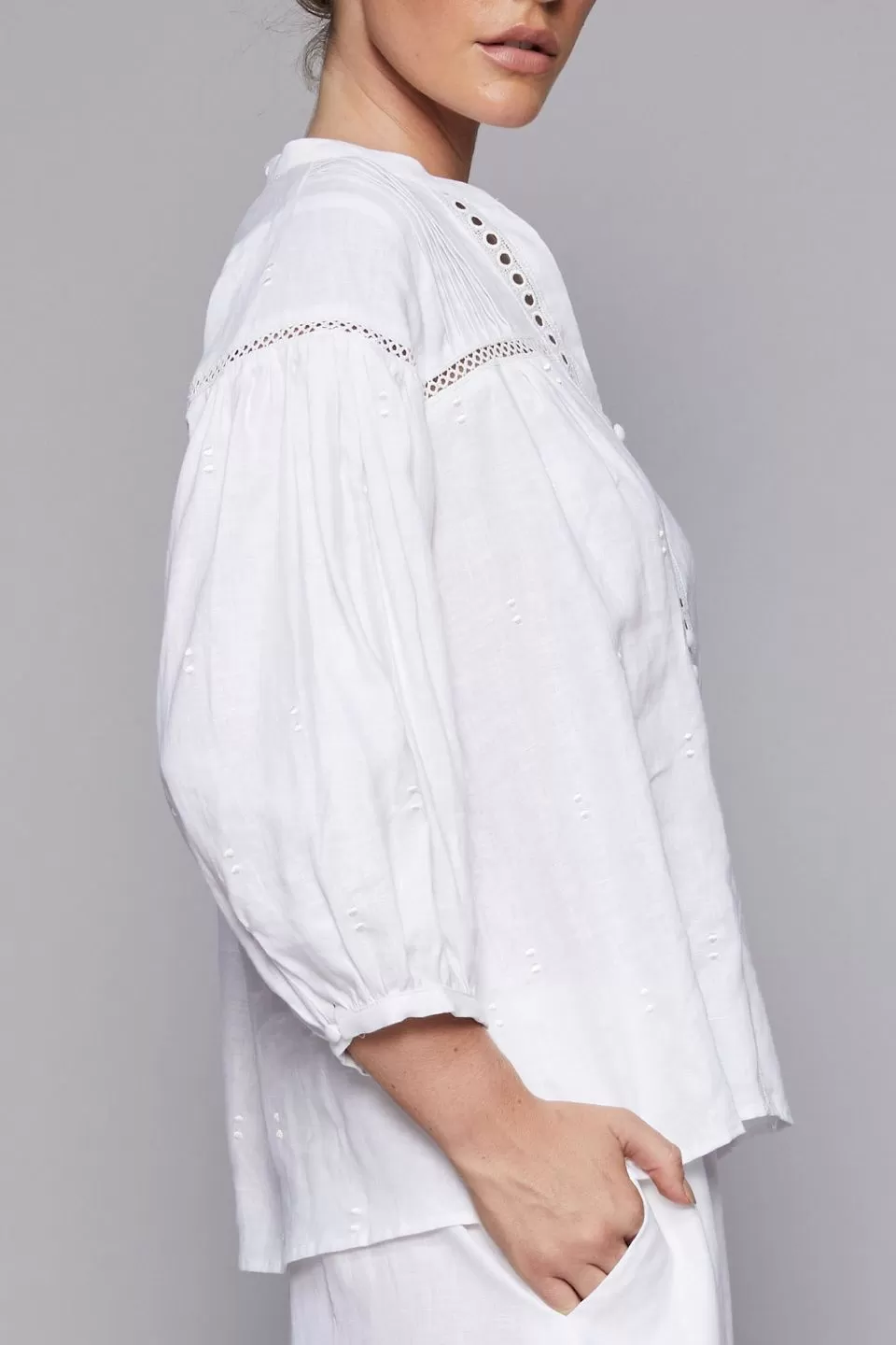 Premiere Crop Sleeve Lace Porcelain Blouse