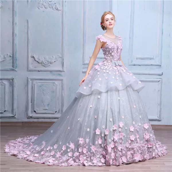 Pretty Flowers Quinceanera Dresses Ball Gown Long Backless Wedding Gowns