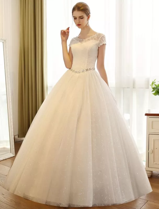 Princess Ball Gown Wedding Dresses Lace Sequin Bridal Dress Ivory Beading Sash Backless Wedding Gowns