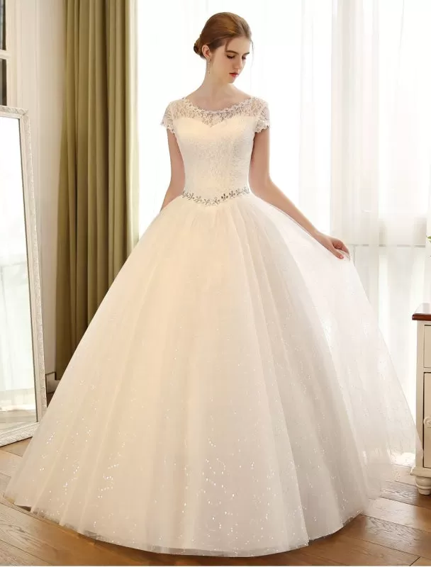 Princess Ball Gown Wedding Dresses Lace Sequin Bridal Dress Ivory Beading Sash Backless Wedding Gowns