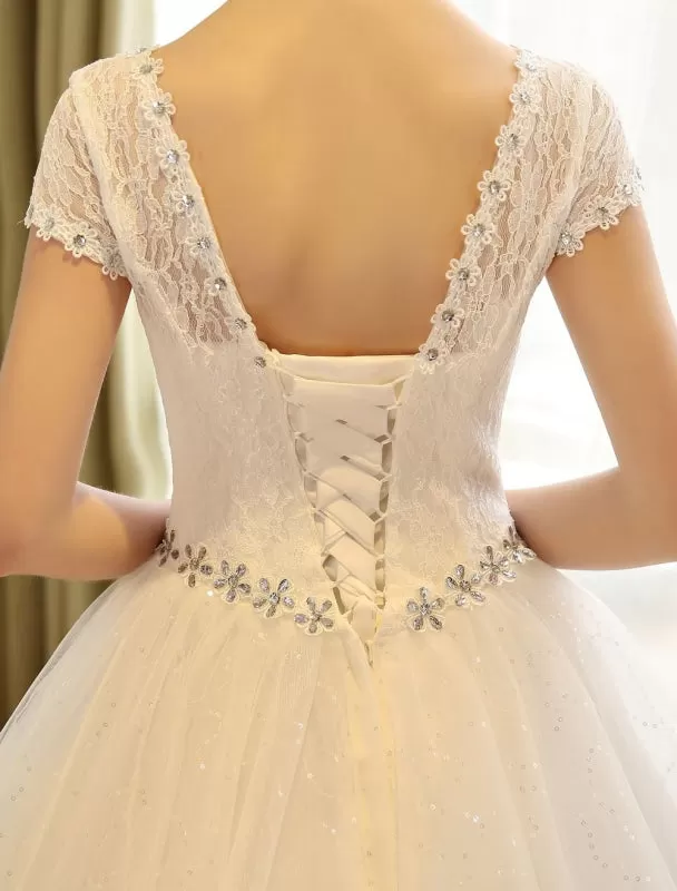 Princess Ball Gown Wedding Dresses Lace Sequin Bridal Dress Ivory Beading Sash Backless Wedding Gowns