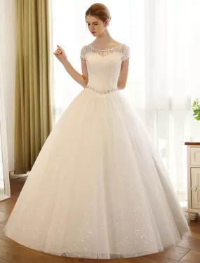 Princess Ball Gown Wedding Dresses Lace Sequin Bridal Dress Ivory Beading Sash Backless Wedding Gowns