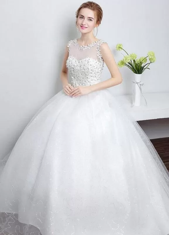 Princess Wedding Dress Ivory Sweetheart Illusion Neckline Cut Out Floor Length Bridal Dress With Rhinestone Flowers