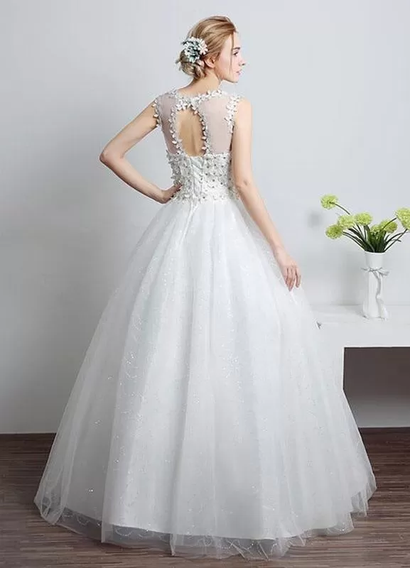 Princess Wedding Dress Ivory Sweetheart Illusion Neckline Cut Out Floor Length Bridal Dress With Rhinestone Flowers