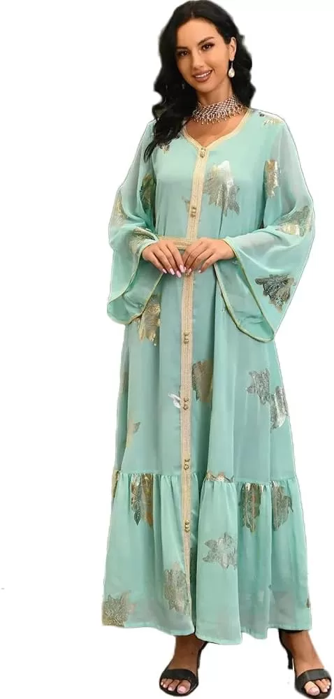 Print Abaya Dress for Women Spring Floral Ramadan Kaftan Dresses 36085