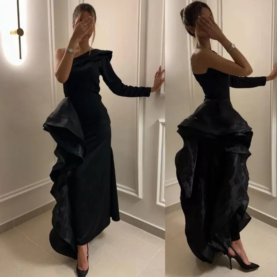 Prom Dresses Black Sheath One Shoulder Formal Occasion Evening Gowns S B-46304