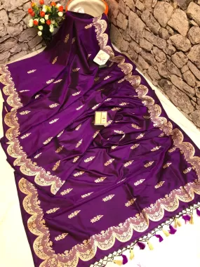 Purple Color Pure Katan banarasi Saree with Scallop Border