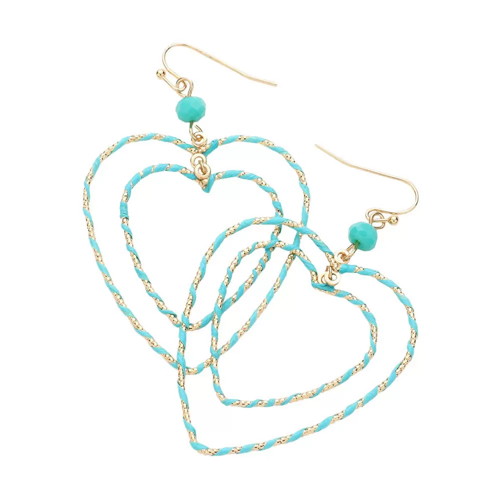 Raffia Wrapped Double Open Heart Link Dangle Earrings