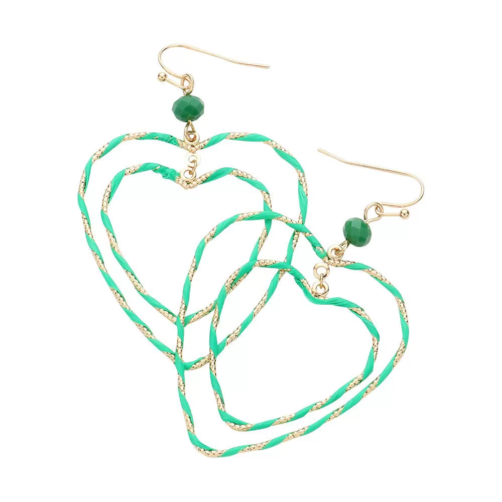 Raffia Wrapped Double Open Heart Link Dangle Earrings