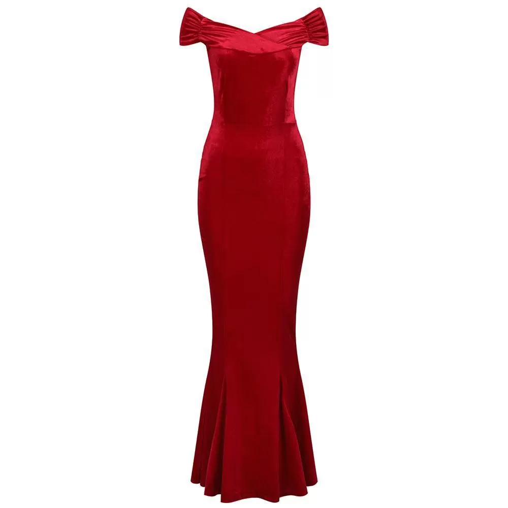 Red Cap Sleeve Crossover Bust Fishtail Hem Velour Maxi Dress