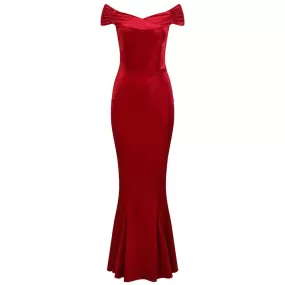 Red Cap Sleeve Crossover Bust Fishtail Hem Velour Maxi Dress