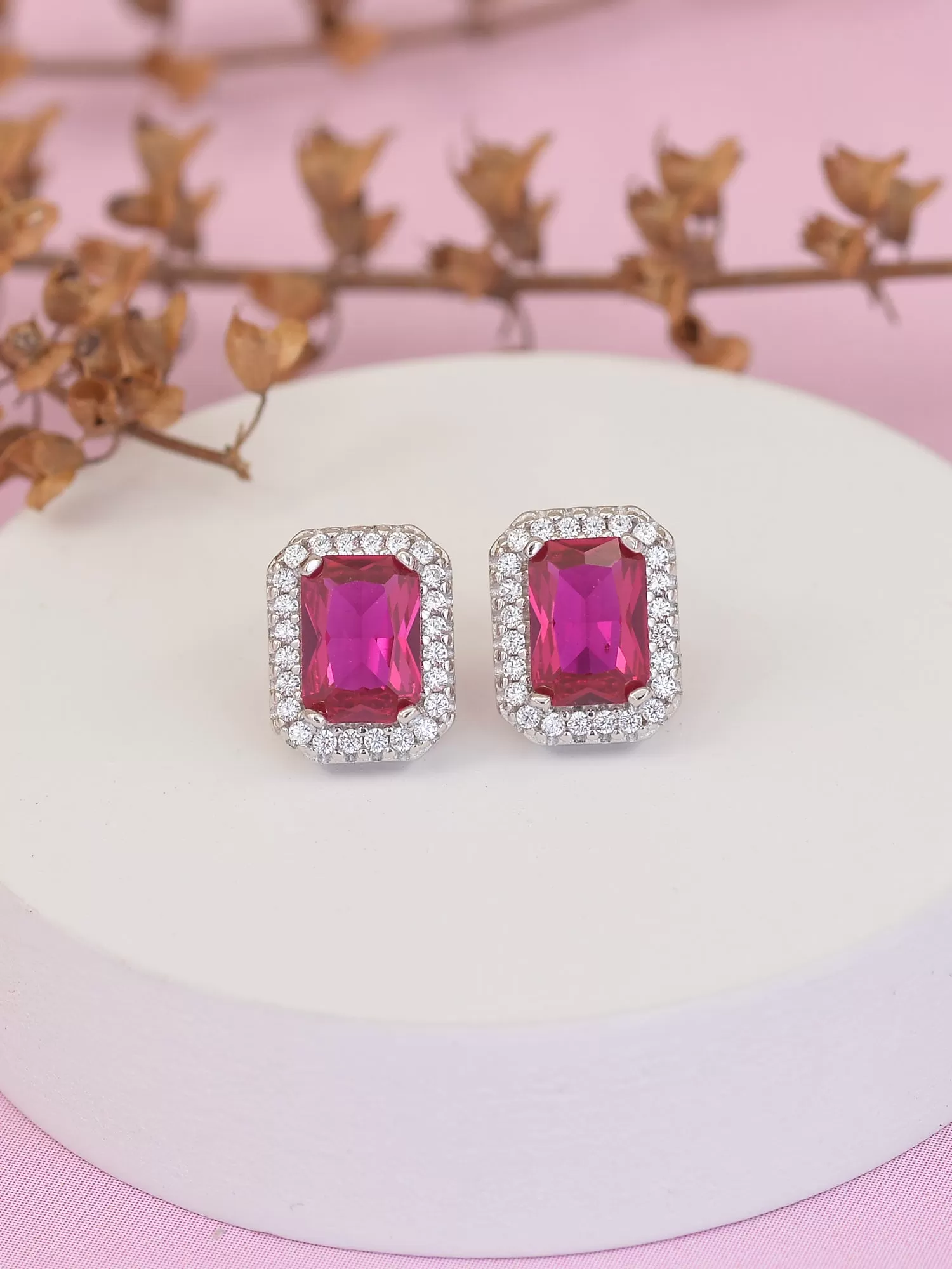 Red Ruby And American Diamond Halo Stud Earrings In 925 Silver