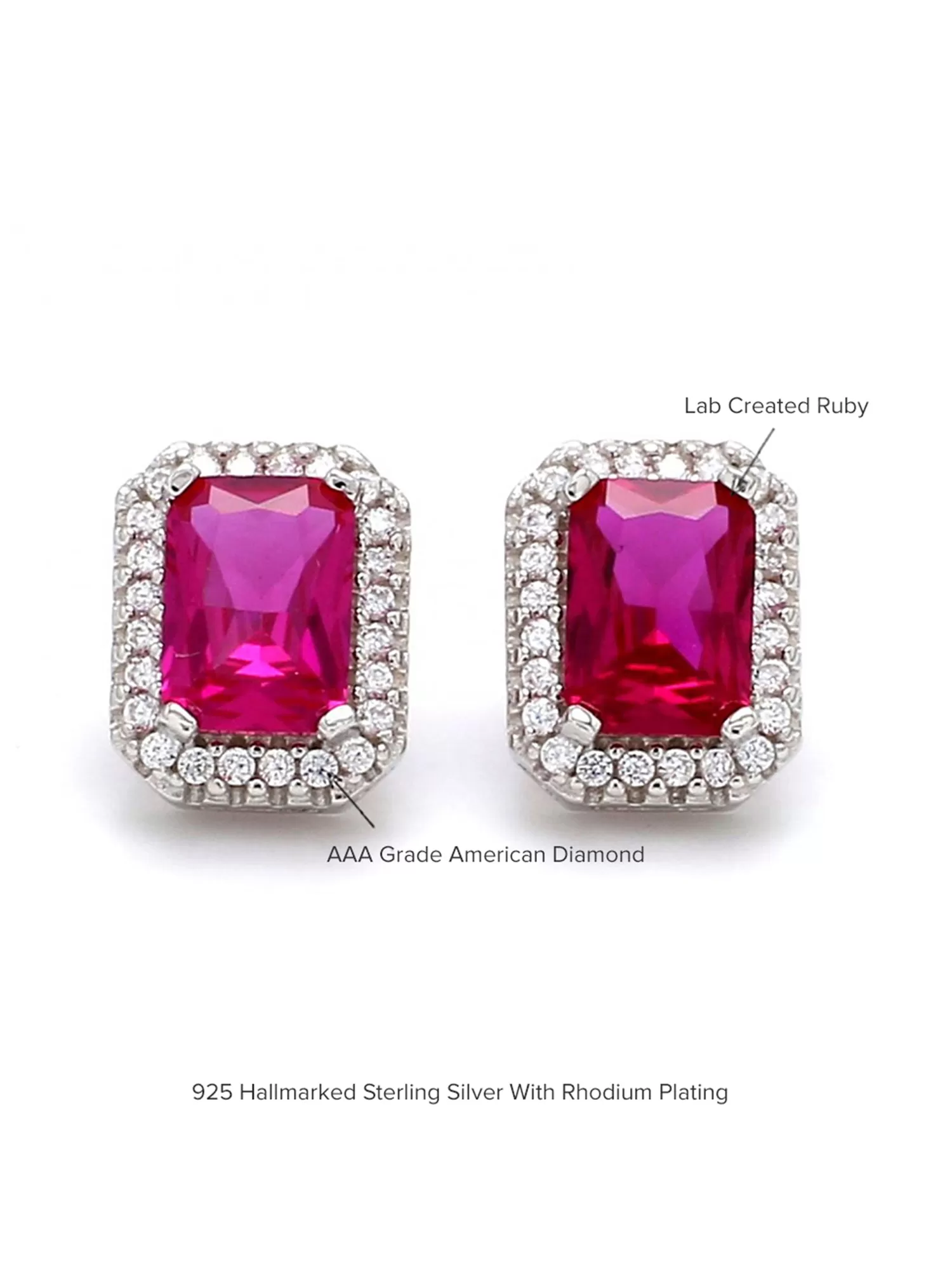 Red Ruby And American Diamond Halo Stud Earrings In 925 Silver