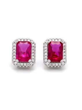 Red Ruby And American Diamond Halo Stud Earrings In 925 Silver