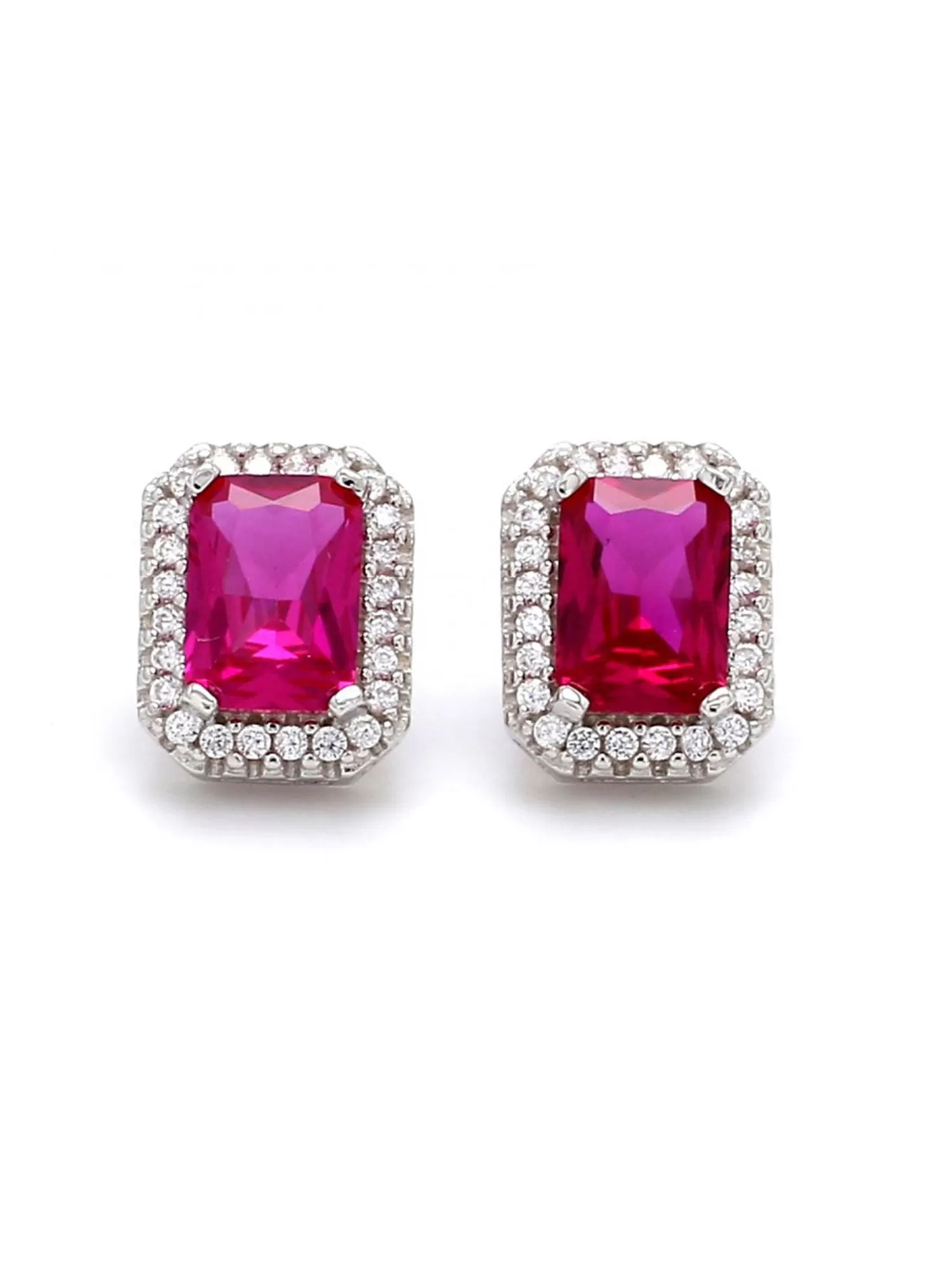 Red Ruby And American Diamond Halo Stud Earrings In 925 Silver