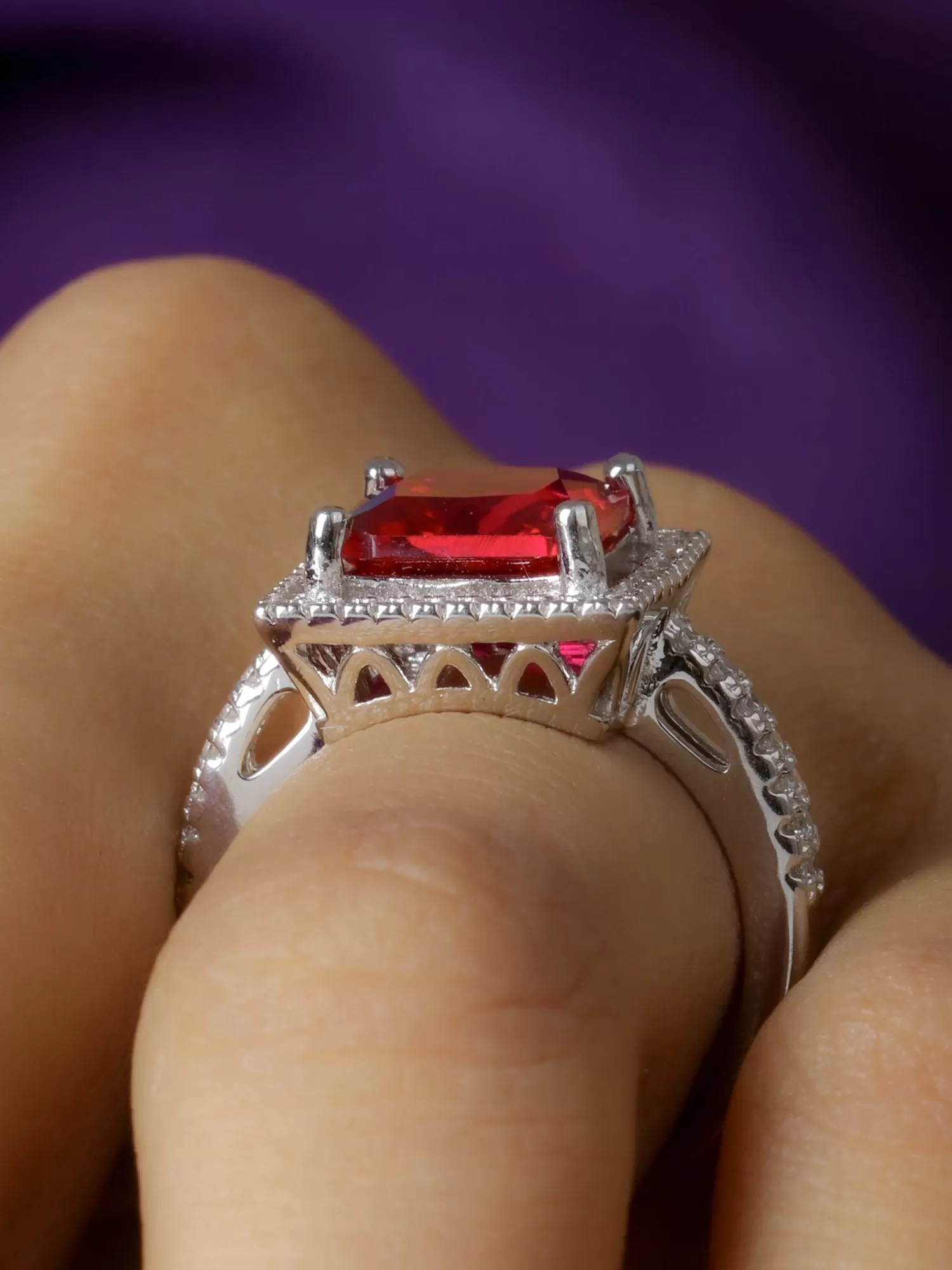 Red Ruby And American Diamond Princess Cut Party Wear Ring In 925 Sterling Silver