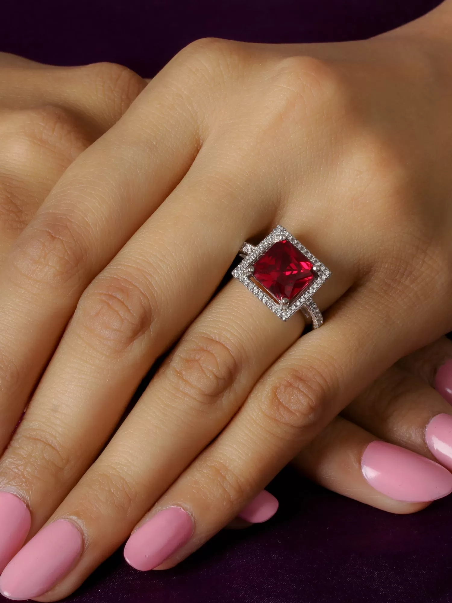 Red Ruby And American Diamond Princess Cut Party Wear Ring In 925 Sterling Silver