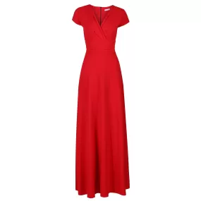 Red V Neck Cap Sleeve Maxi Dress