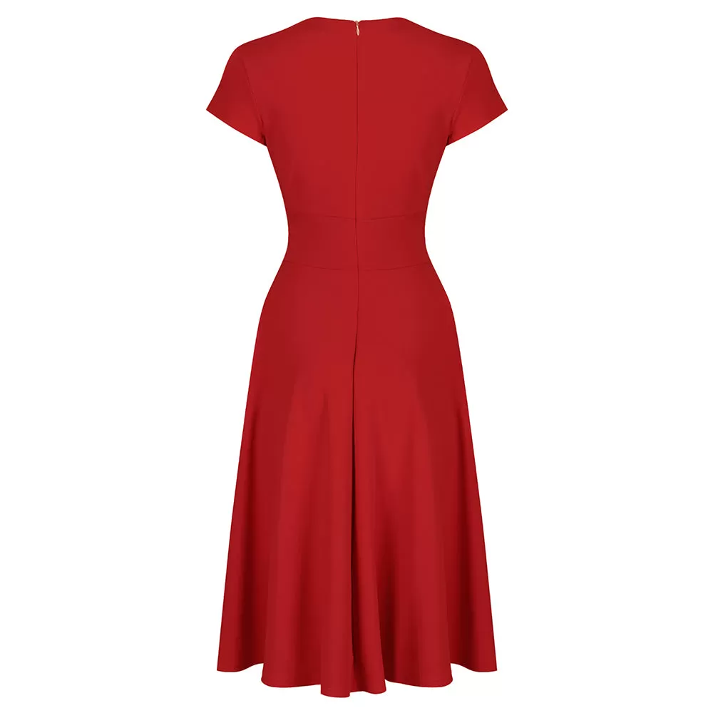 Red Vintage A Line Crossover Capped Sleeve Tea Swing Dress