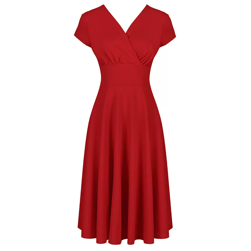 Red Vintage A Line Crossover Capped Sleeve Tea Swing Dress