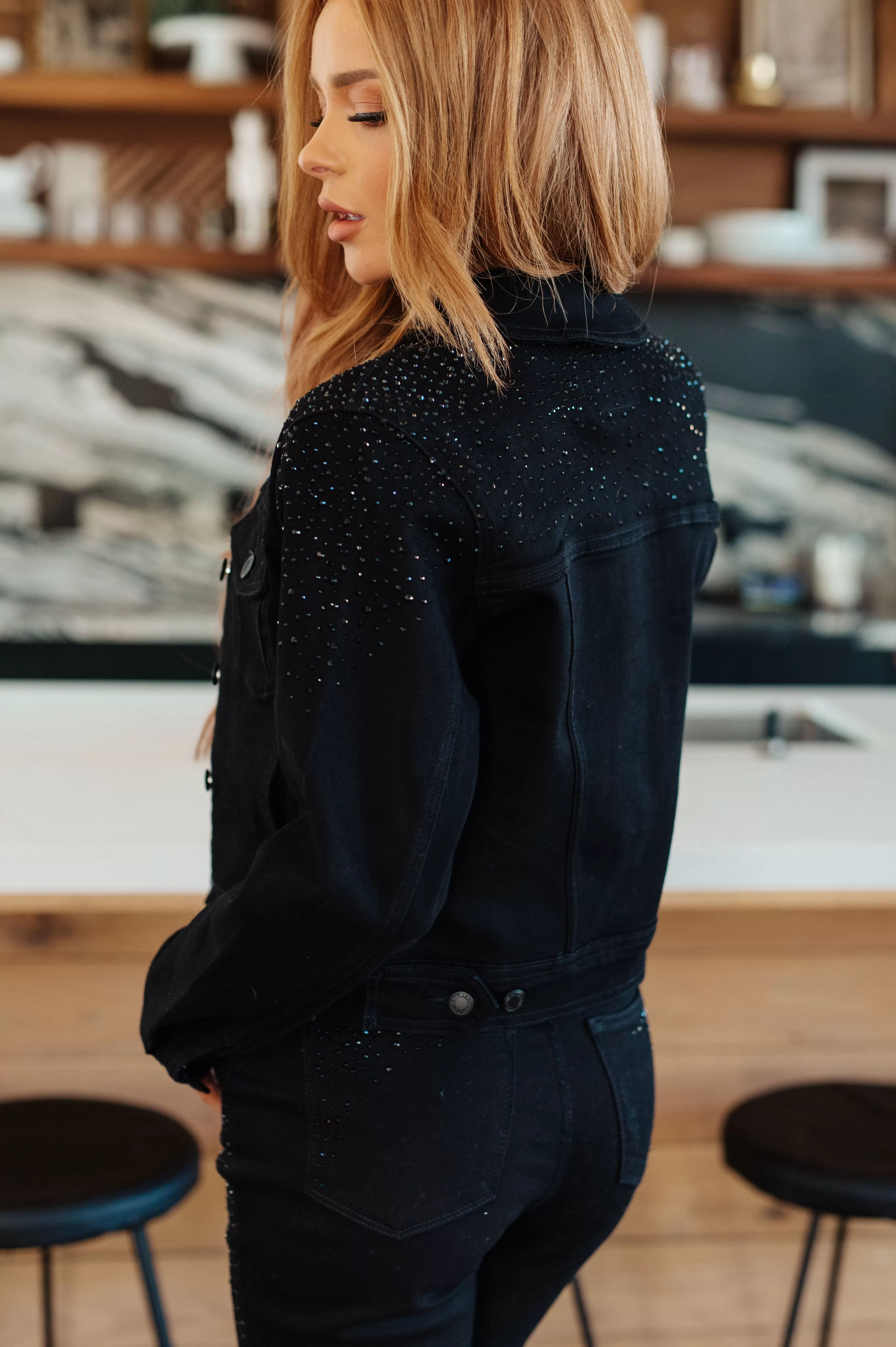 Reese Rhinestone Denim Jacket in Black