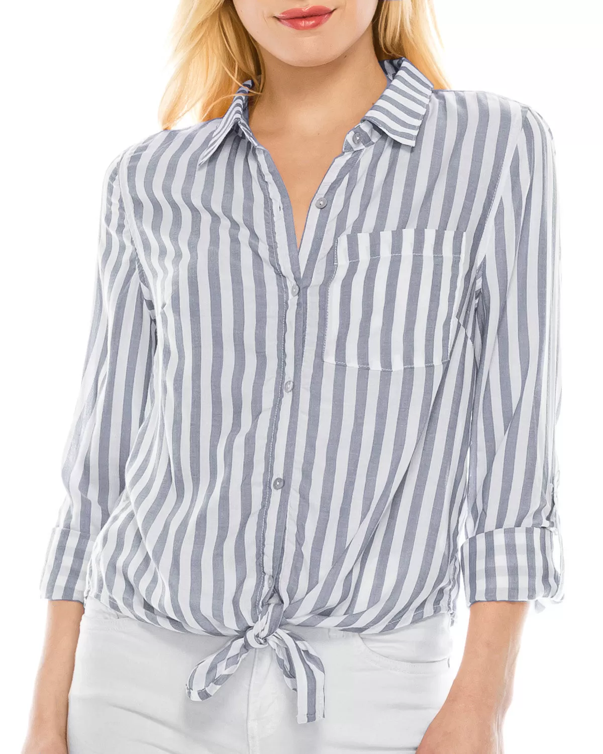 Roll Up Sleeve Crop Top Tie Front Chambray Stripe Shirts