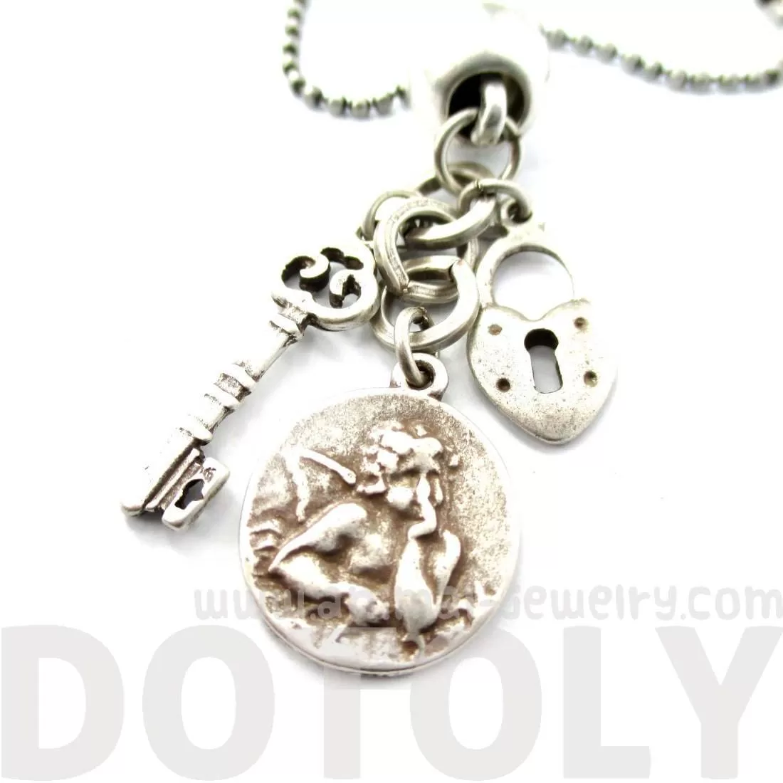 Romantic Themed Skeleton Key Heart Shaped Lock and Angel Coin Shaped Charm Necklace in Silver