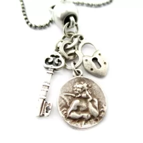 Romantic Themed Skeleton Key Heart Shaped Lock and Angel Coin Shaped Charm Necklace in Silver