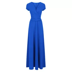 Royal Blue V Neck Cap Sleeve Maxi Dress