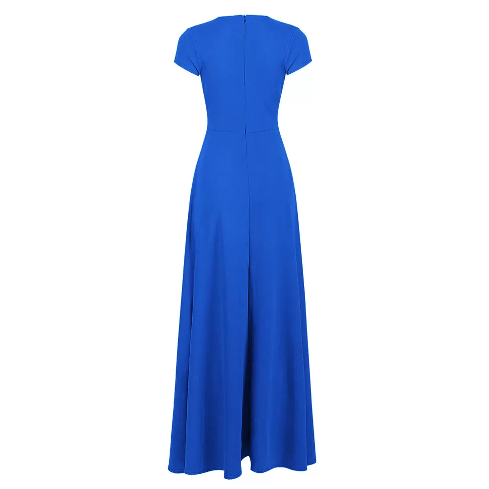 Royal Blue V Neck Cap Sleeve Maxi Dress