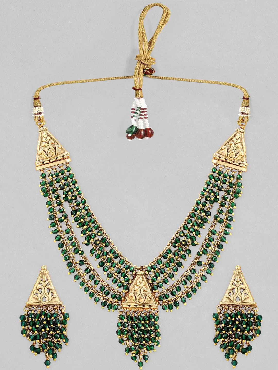 Rubans 22K Gold Plated Necklace Set With Green Beads Design