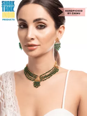 Rubans 22K Gold Plated Necklace Set With Green Beads Design