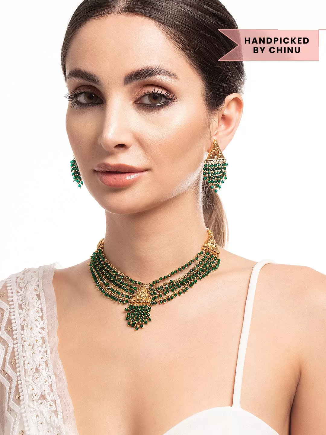 Rubans 22K Gold Plated Necklace Set With Green Beads Design