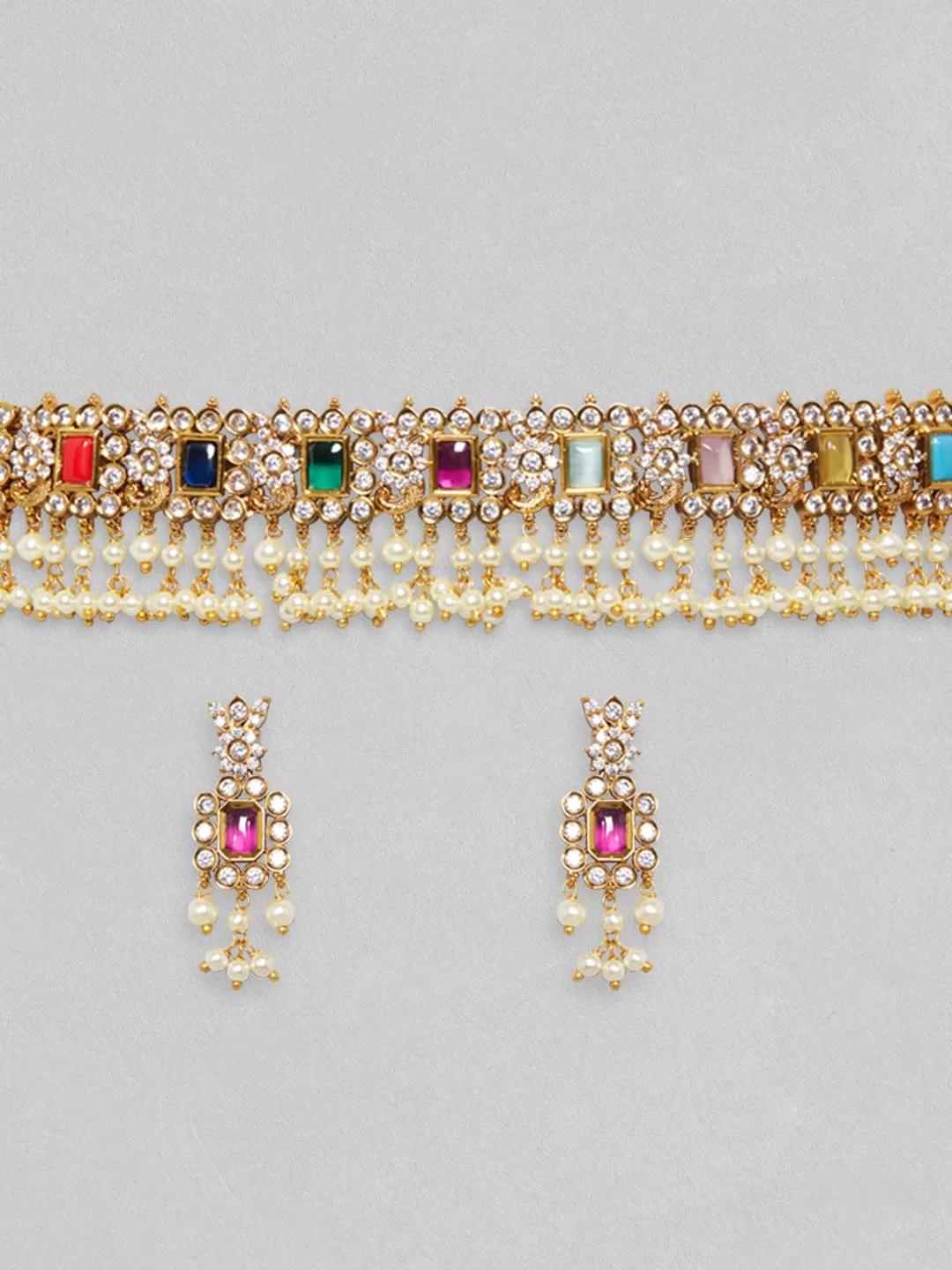 Rubans Gold Plated Choker Set With Multicolour Stones And White Beads.