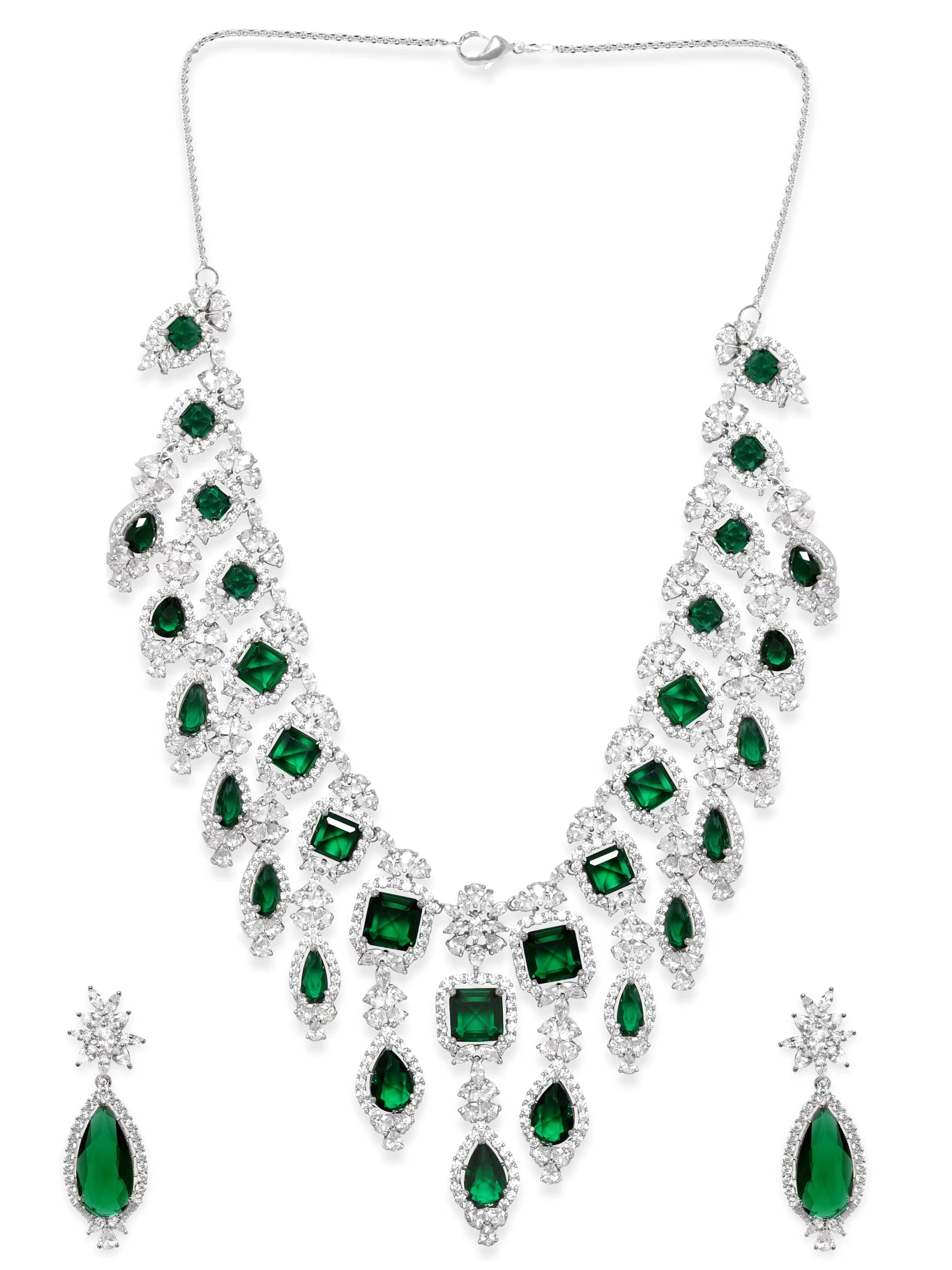 Rubans Rhodium Plated Emerald Green Zirconia Statement Jewellery Set