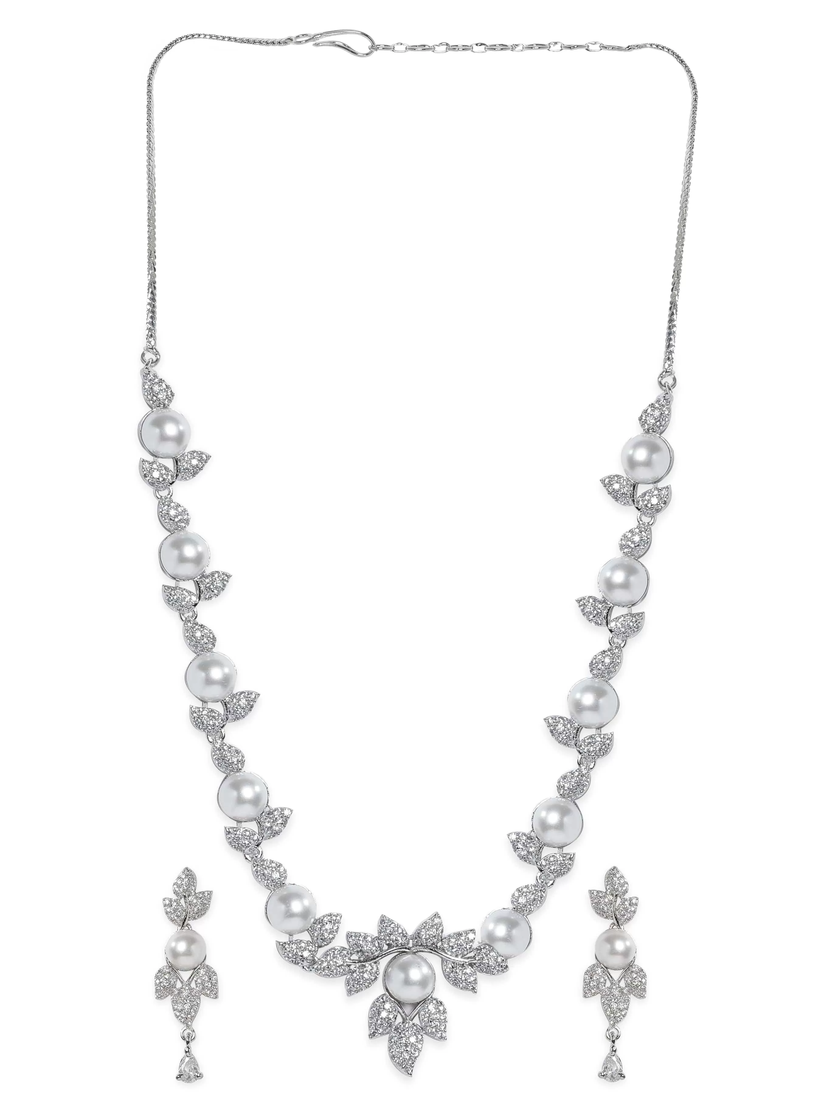 Rubans Rhodium plated Pearl & Zirconia studded Flora motif Enchanting Necklace set