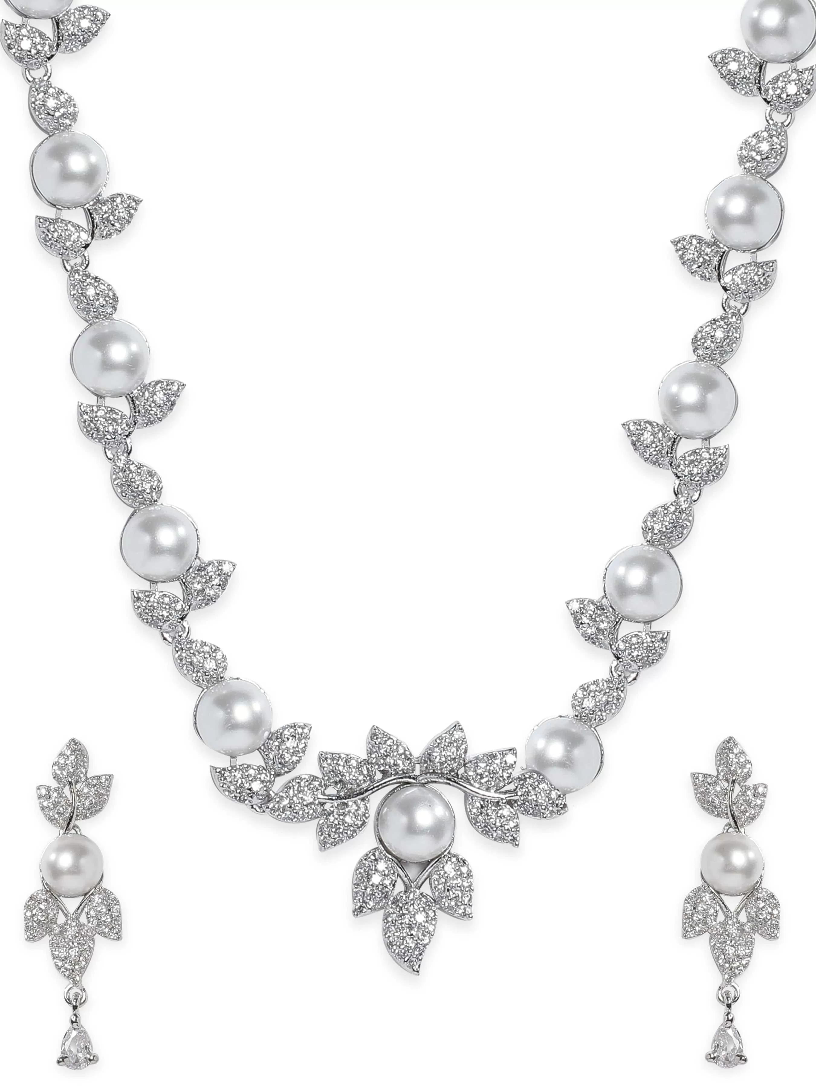 Rubans Rhodium plated Pearl & Zirconia studded Flora motif Enchanting Necklace set