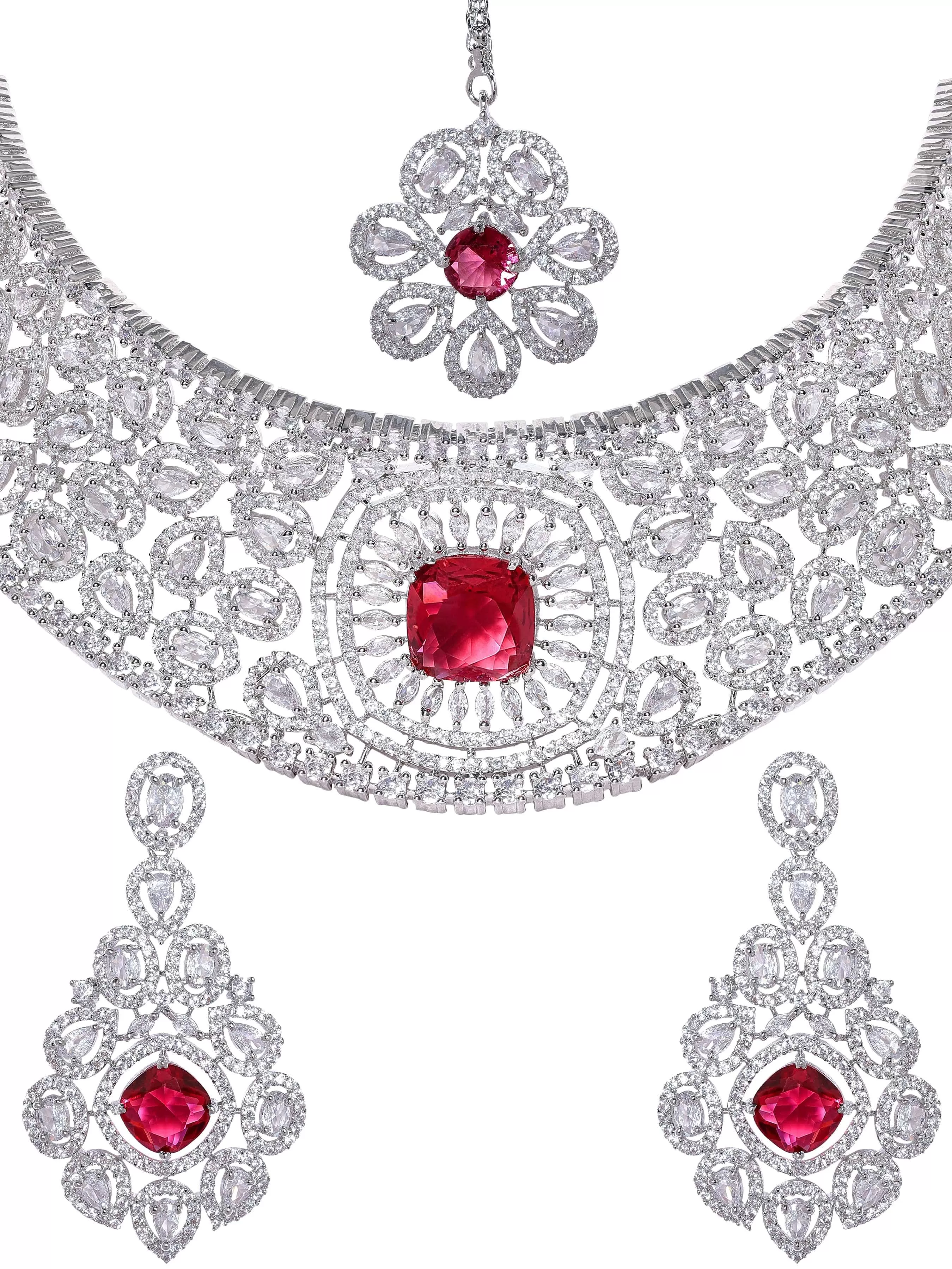 Rubans Rhodium Plated Ruby Red Zirconia studded Pave set Statement Choker Necklace Set