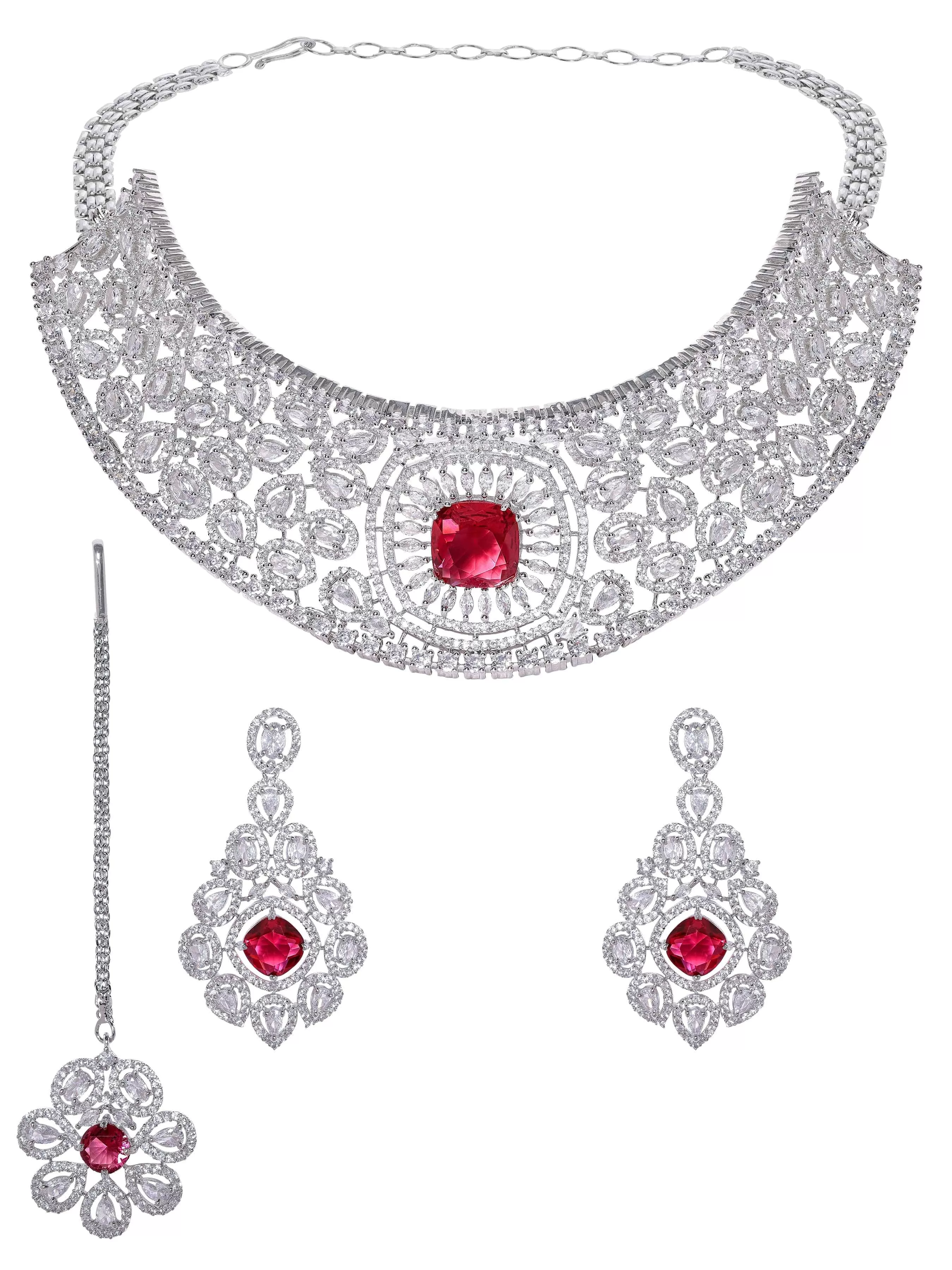 Rubans Rhodium Plated Ruby Red Zirconia studded Pave set Statement Choker Necklace Set