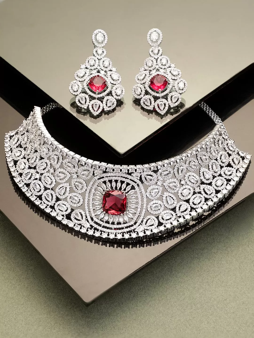 Rubans Rhodium Plated Ruby Red Zirconia studded Pave set Statement Choker Necklace Set