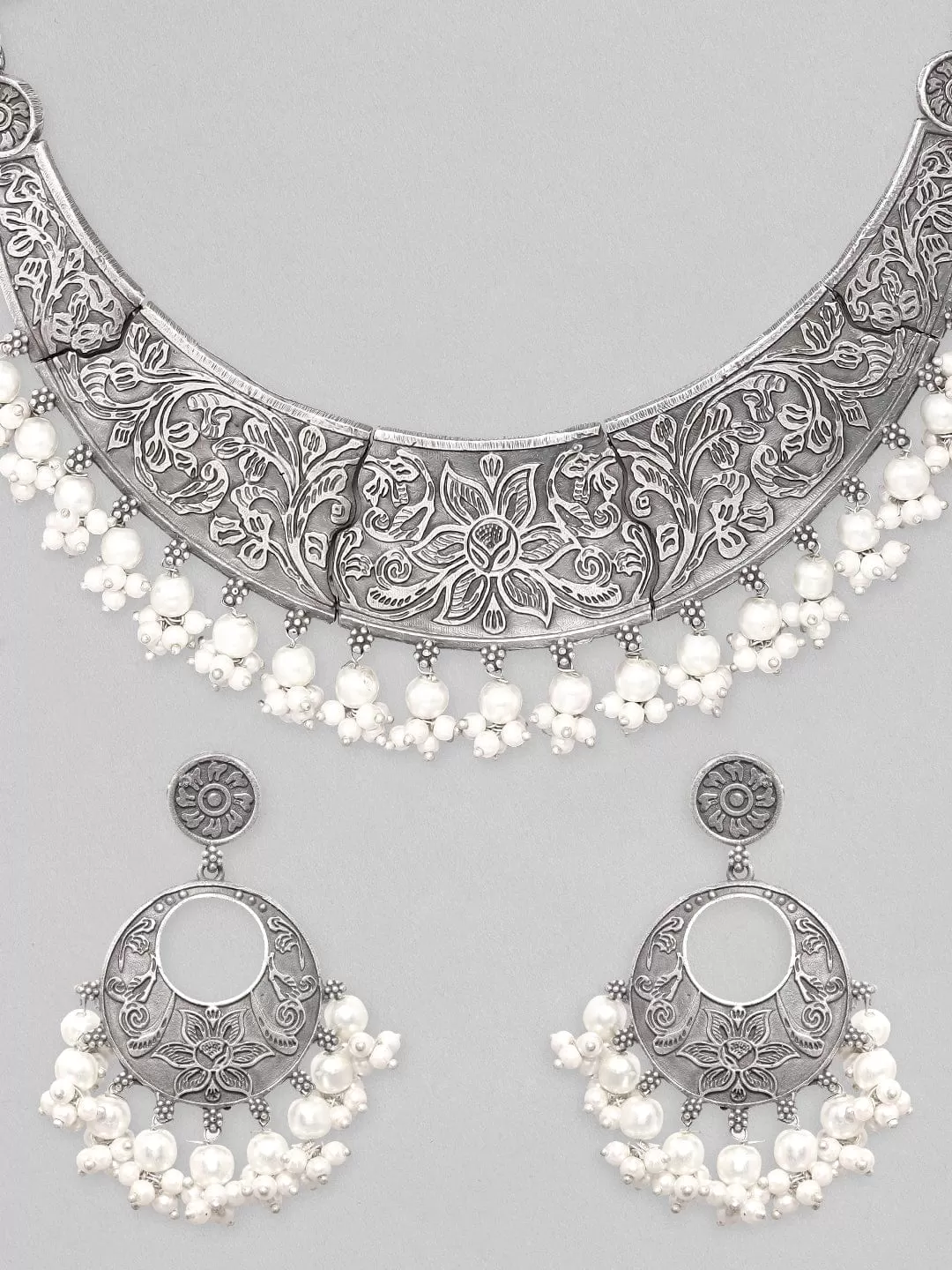 Rubans Silver Oxidised Necklace Set With Carved Design And Pearls