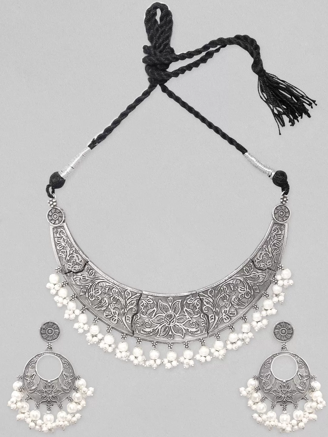 Rubans Silver Oxidised Necklace Set With Carved Design And Pearls