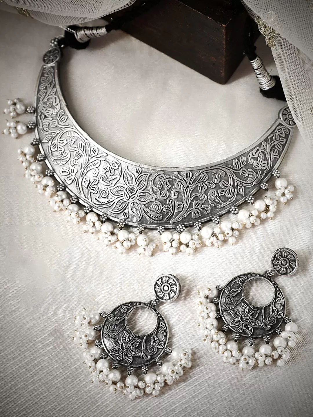 Rubans Silver Oxidised Necklace Set With Carved Design And Pearls