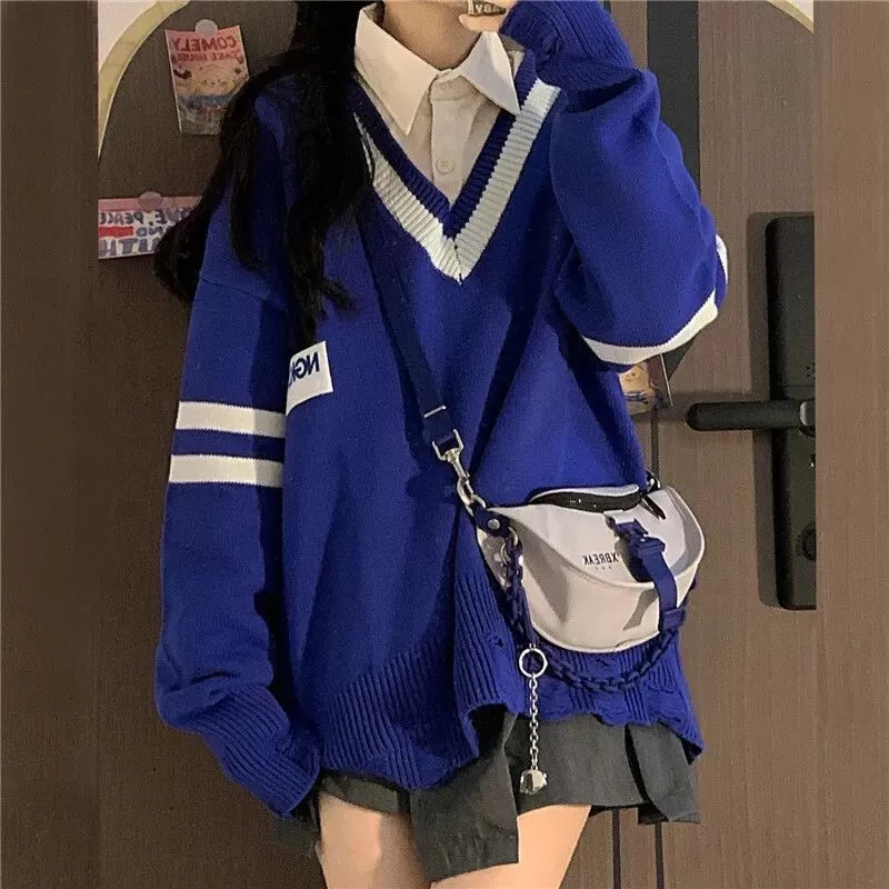 Rugby Striped Green Oversize Sweater  Women Harajuku Preppy Fashion Blue V-neck Long Sleeve Jumper Female Tops