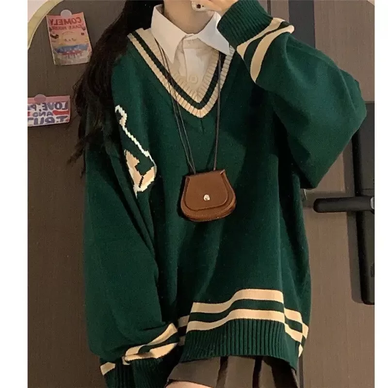 Rugby Striped Green Oversize Sweater  Women Harajuku Preppy Fashion Blue V-neck Long Sleeve Jumper Female Tops