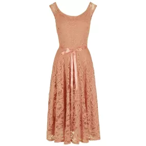 Salmon Pink Vintage Lace Embroidered Belted Dress