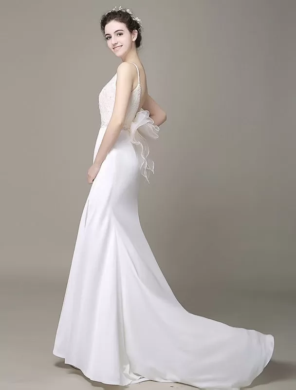 Satin Sheath Wedding Dress Plunging Neckline Bow Back Belt Lace Beading Evening Dress Exclusive