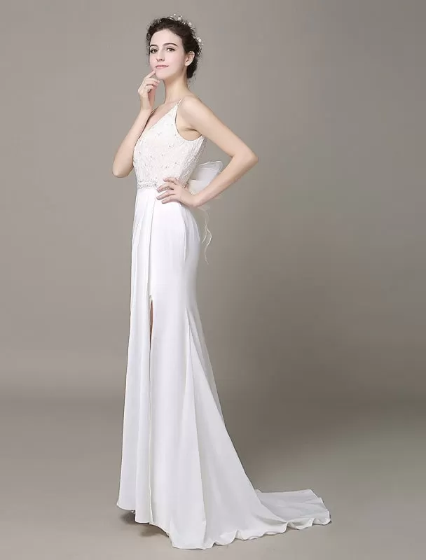 Satin Sheath Wedding Dress Plunging Neckline Bow Back Belt Lace Beading Evening Dress Exclusive