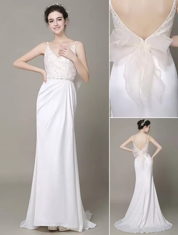 Satin Sheath Wedding Dress Plunging Neckline Bow Back Belt Lace Beading Evening Dress Exclusive